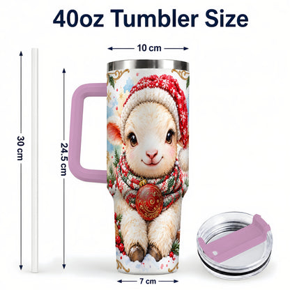 #pl[40oz|Pink] Sitting Christmas Lamb 40oz Tumbler with Handle, Winter Sheep Cup