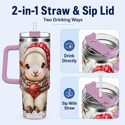 #pl[40oz|Pink] Sitting Christmas Lamb 40oz Tumbler with Handle, Winter Sheep Cup