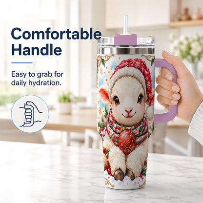 #pl[40oz|Pink] Sitting Christmas Lamb 40oz Tumbler with Handle, Winter Sheep Cup