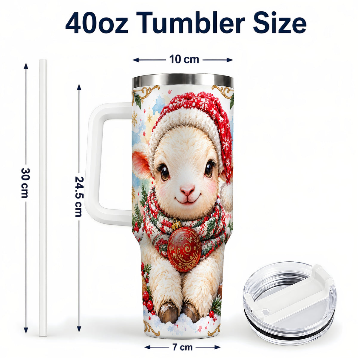 #pl[40oz|White] Sitting Christmas Lamb 40oz Tumbler with Handle, Winter Sheep Cup