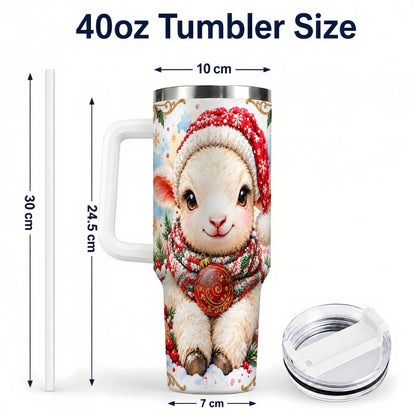 #pl[40oz|White] Sitting Christmas Lamb 40oz Tumbler with Handle, Winter Sheep Cup
