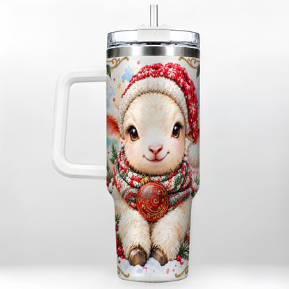 Sitting Christmas Lamb 40oz Tumbler with Handle, Winter Sheep Cup