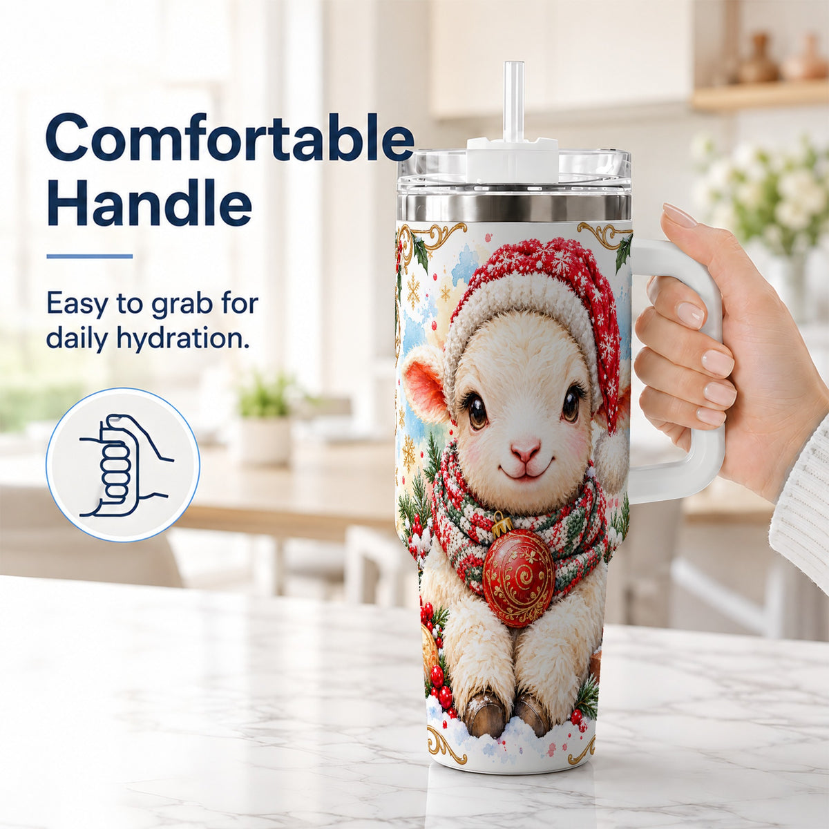 #pl[40oz|White] Sitting Christmas Lamb 40oz Tumbler with Handle, Winter Sheep Cup