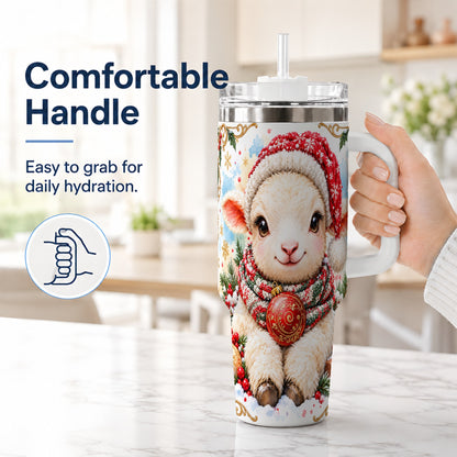 #pl[40oz|White] Sitting Christmas Lamb 40oz Tumbler with Handle, Winter Sheep Cup