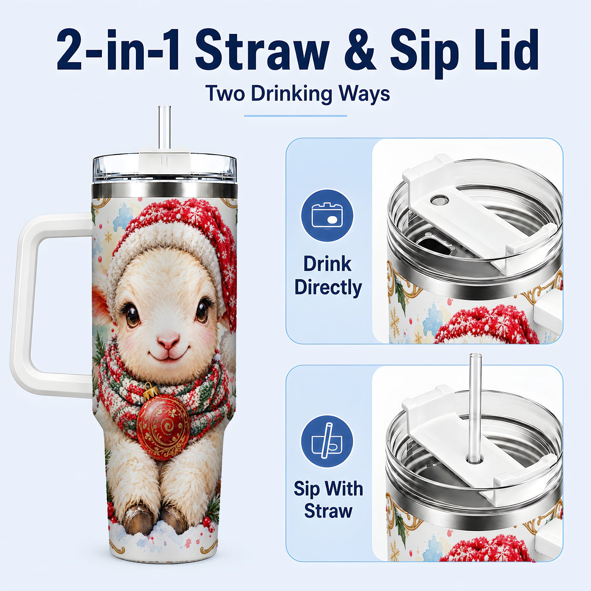 #pl[40oz|White] Sitting Christmas Lamb 40oz Tumbler with Handle, Winter Sheep Cup