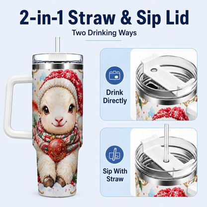 #pl[40oz|White] Sitting Christmas Lamb 40oz Tumbler with Handle, Winter Sheep Cup