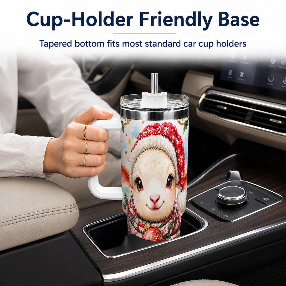 Sitting Christmas Lamb 40oz Tumbler with Handle, Winter Sheep Cup