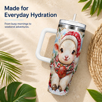 Sitting Christmas Lamb 40oz Tumbler with Handle, Winter Sheep Cup