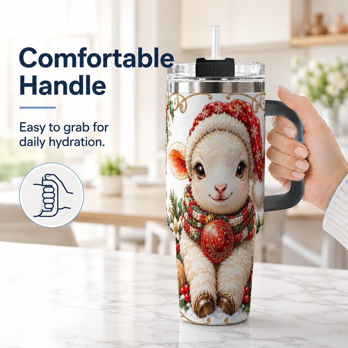 #pl[40oz|Black] Christmas Lamb 40oz Tumbler with Handle, Holiday Sheep Travel Cup