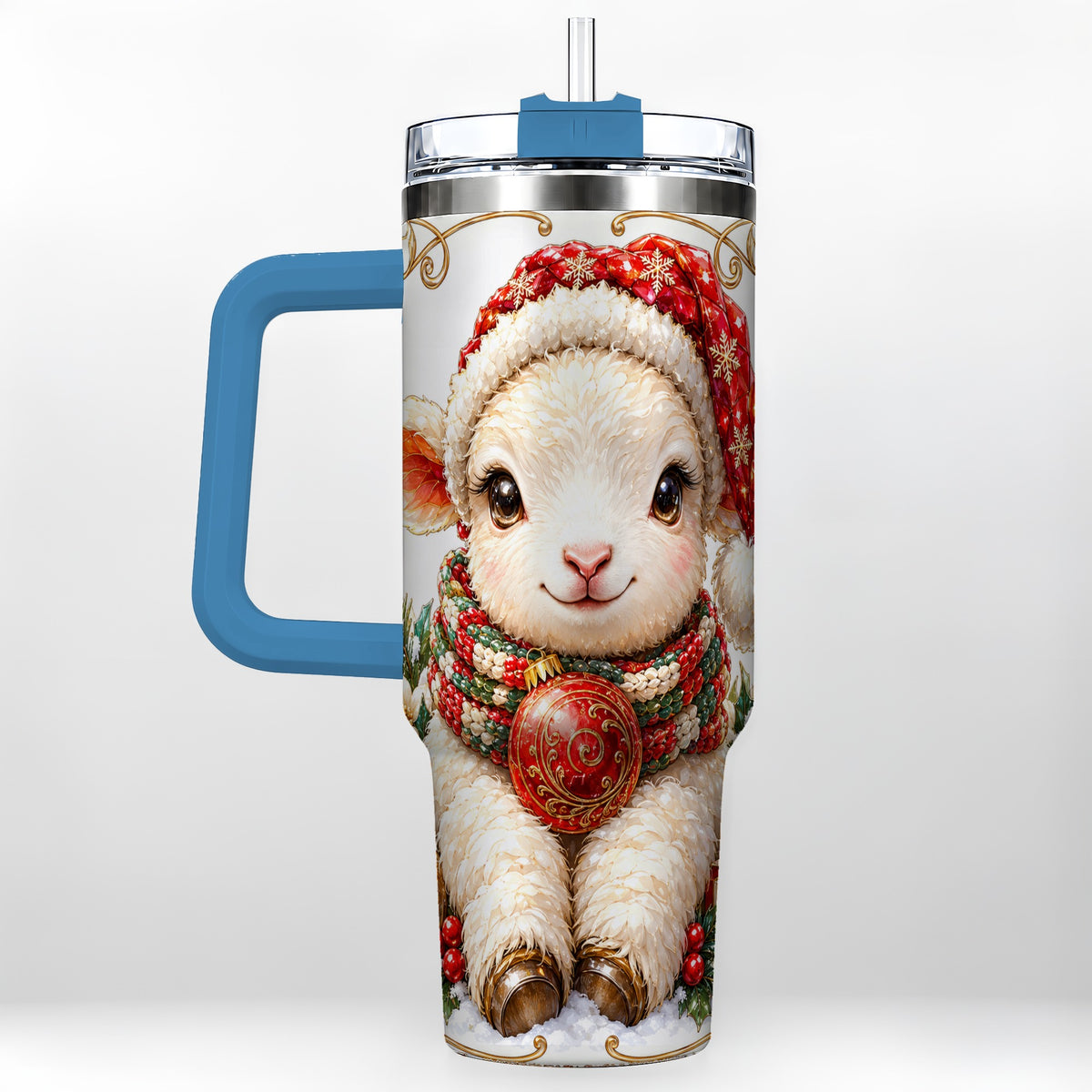 #pl[40oz|Blue] Christmas Lamb 40oz Tumbler with Handle, Holiday Sheep Travel Cup