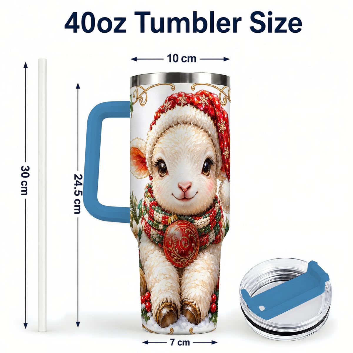 #pl[40oz|Blue] Christmas Lamb 40oz Tumbler with Handle, Holiday Sheep Travel Cup