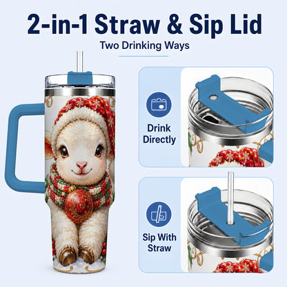 #pl[40oz|Blue] Christmas Lamb 40oz Tumbler with Handle, Holiday Sheep Travel Cup