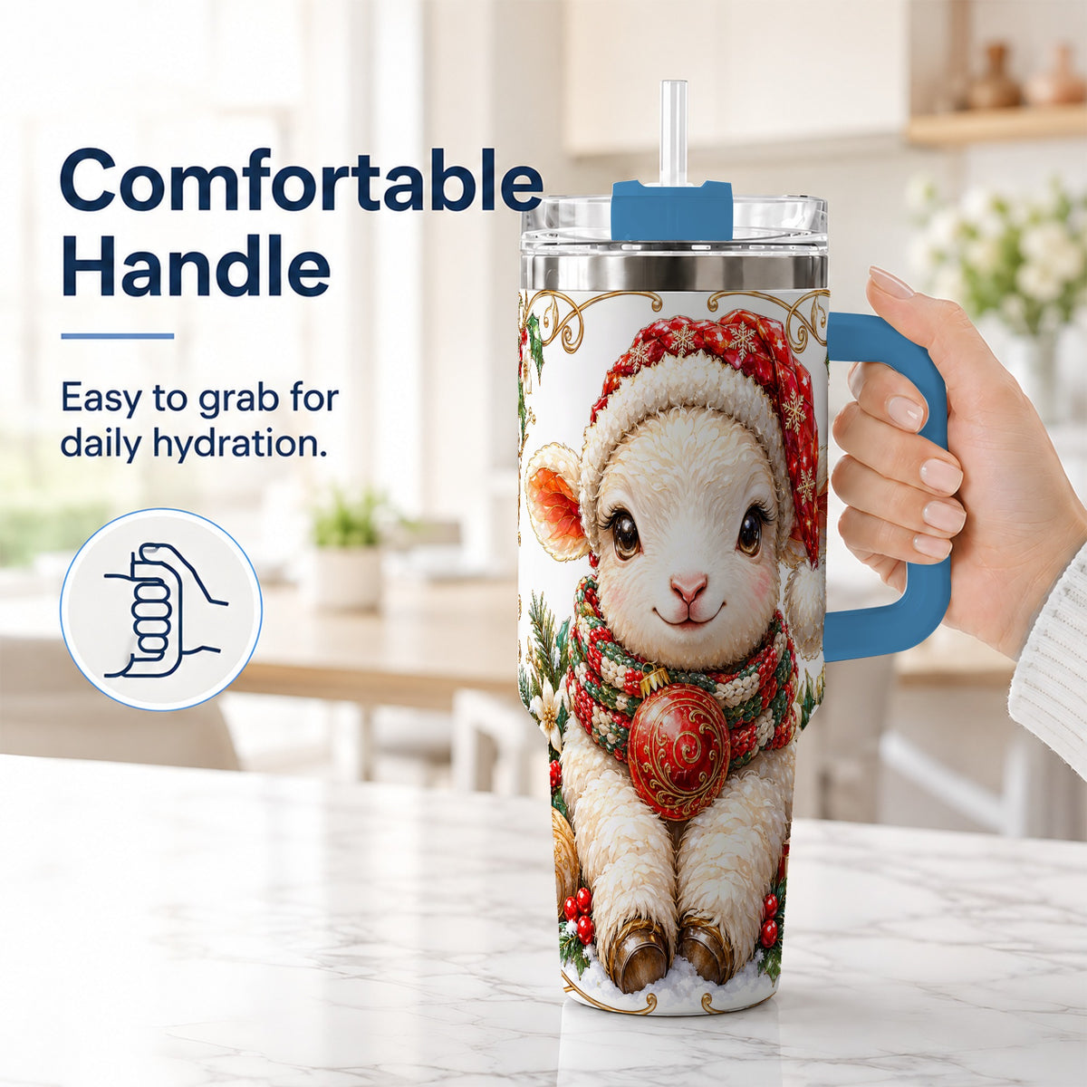 #pl[40oz|Blue] Christmas Lamb 40oz Tumbler with Handle, Holiday Sheep Travel Cup