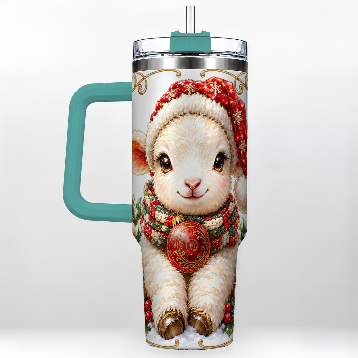 #pl[40oz|Green] Christmas Lamb 40oz Tumbler with Handle, Holiday Sheep Travel Cup