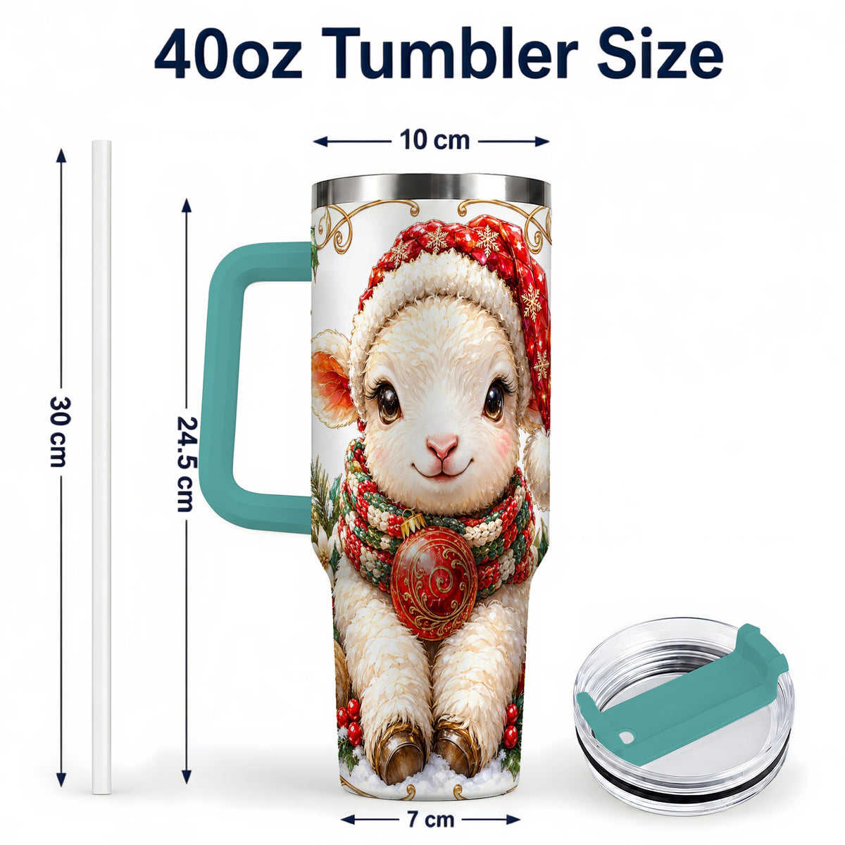 #pl[40oz|Green] Christmas Lamb 40oz Tumbler with Handle, Holiday Sheep Travel Cup