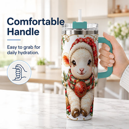 #pl[40oz|Green] Christmas Lamb 40oz Tumbler with Handle, Holiday Sheep Travel Cup