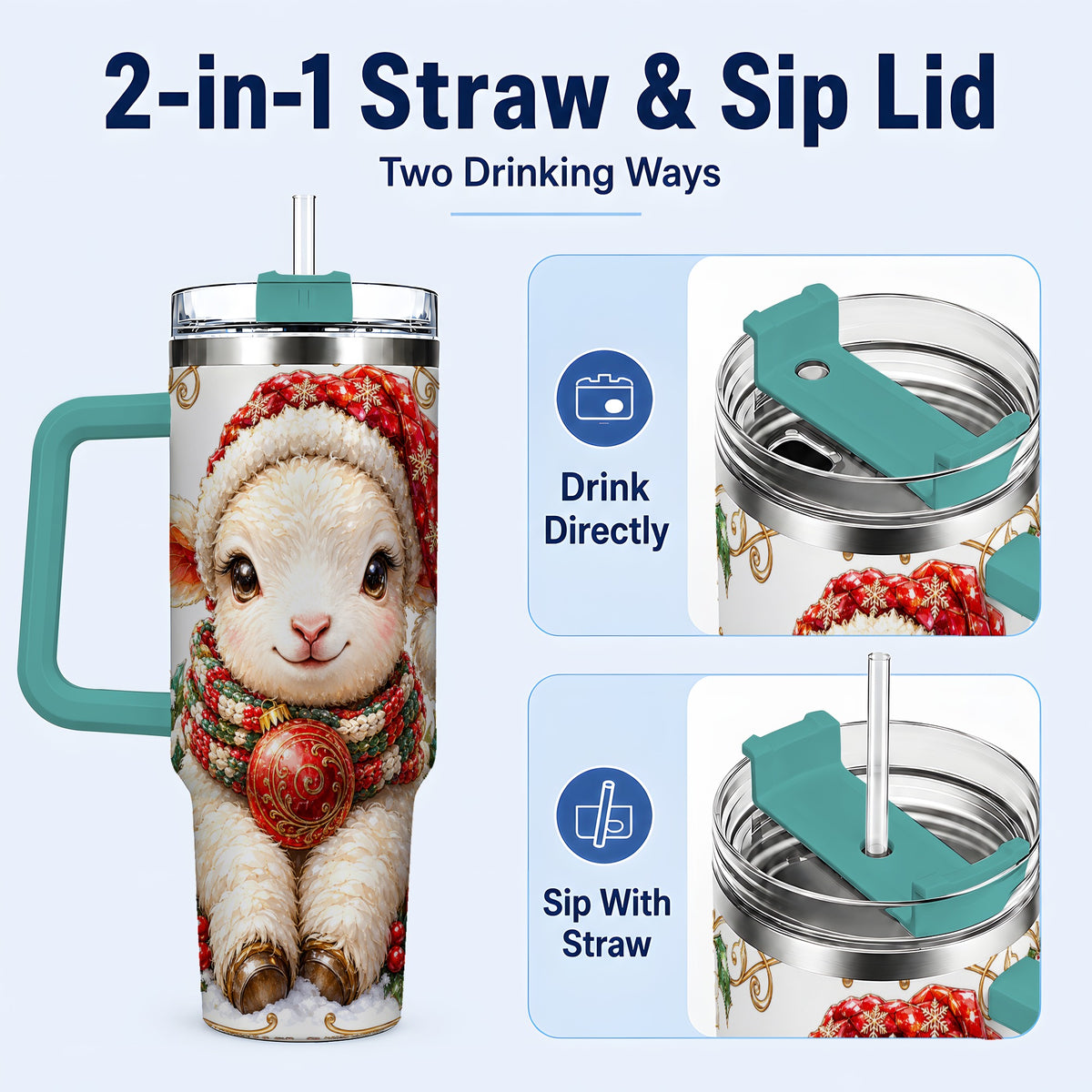 #pl[40oz|Green] Christmas Lamb 40oz Tumbler with Handle, Holiday Sheep Travel Cup