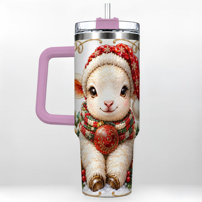 #pl[40oz|Pink] Christmas Lamb 40oz Tumbler with Handle, Holiday Sheep Travel Cup
