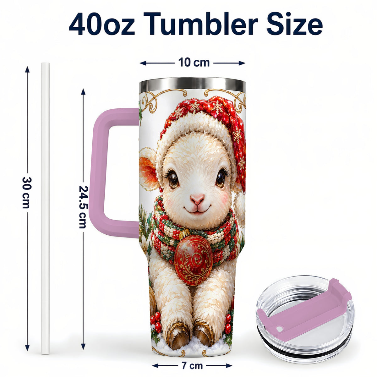 #pl[40oz|Pink] Christmas Lamb 40oz Tumbler with Handle, Holiday Sheep Travel Cup