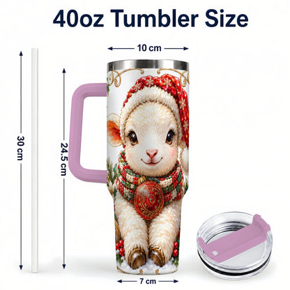 #pl[40oz|Pink] Christmas Lamb 40oz Tumbler with Handle, Holiday Sheep Travel Cup