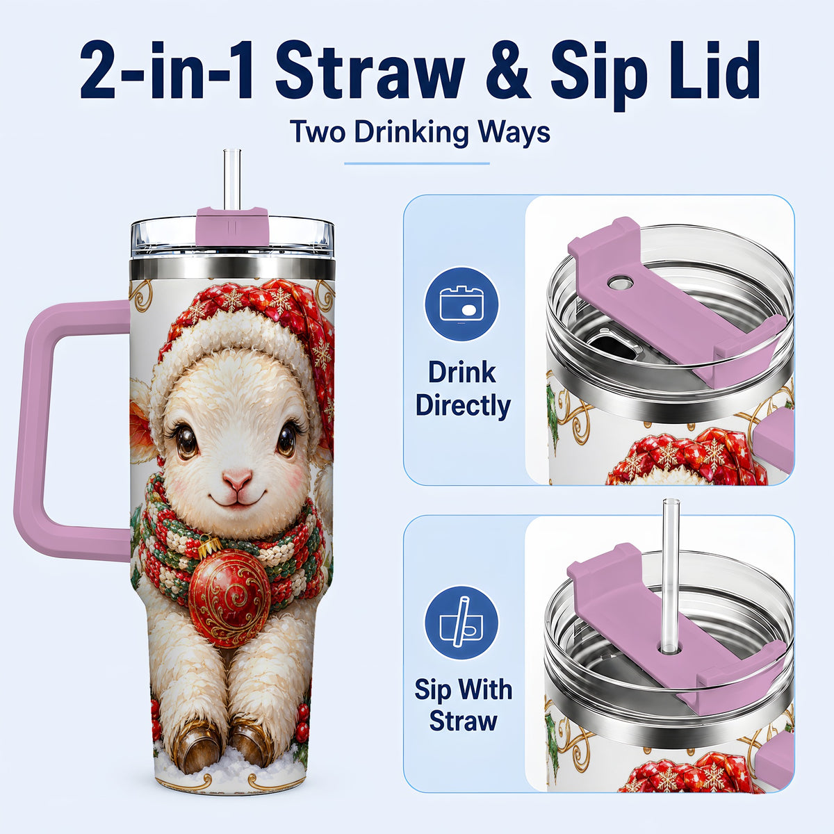 #pl[40oz|Pink] Christmas Lamb 40oz Tumbler with Handle, Holiday Sheep Travel Cup
