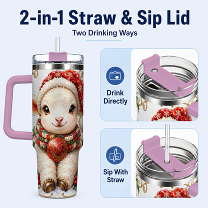 #pl[40oz|Pink] Christmas Lamb 40oz Tumbler with Handle, Holiday Sheep Travel Cup
