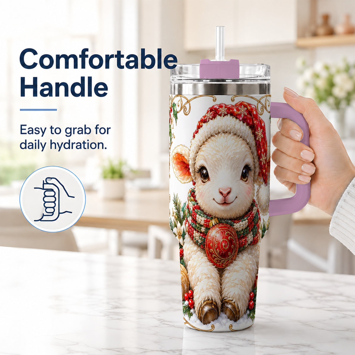 #pl[40oz|Pink] Christmas Lamb 40oz Tumbler with Handle, Holiday Sheep Travel Cup