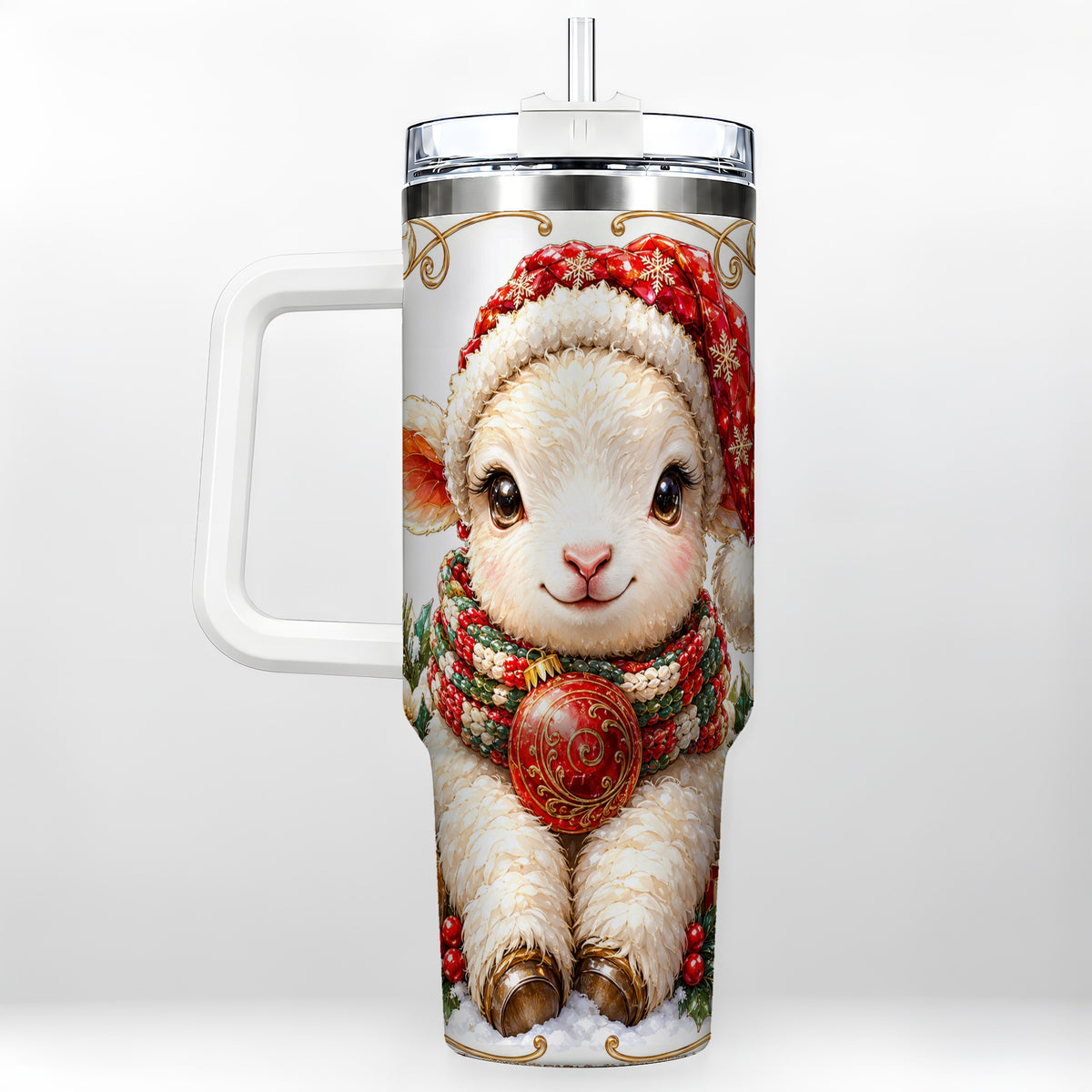 Christmas Lamb 40oz Tumbler with Handle, Holiday Sheep Travel Cup