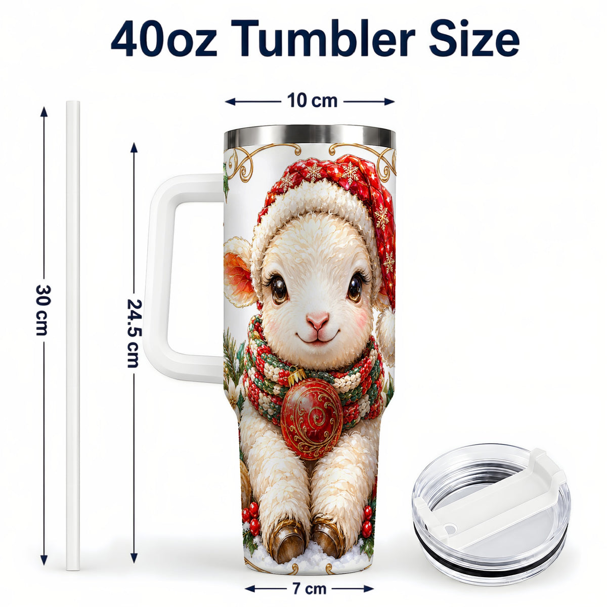 #pl[40oz|White] Christmas Lamb 40oz Tumbler with Handle, Holiday Sheep Travel Cup
