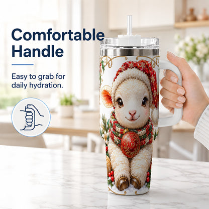 #pl[40oz|White] Christmas Lamb 40oz Tumbler with Handle, Holiday Sheep Travel Cup