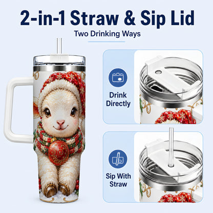 #pl[40oz|White] Christmas Lamb 40oz Tumbler with Handle, Holiday Sheep Travel Cup
