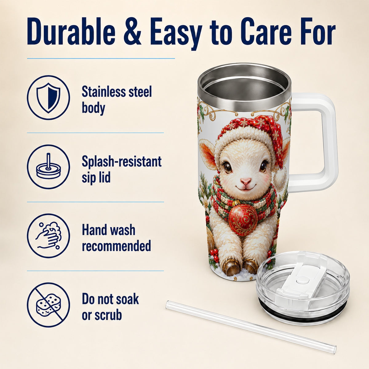 Christmas Lamb 40oz Tumbler with Handle, Holiday Sheep Travel Cup