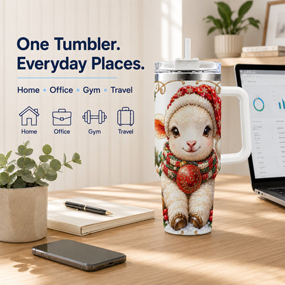 Christmas Lamb 40oz Tumbler with Handle, Holiday Sheep Travel Cup
