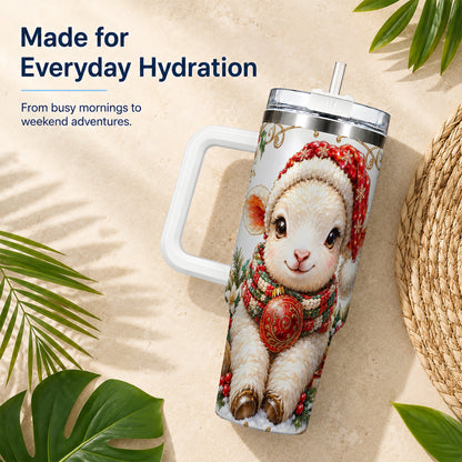 Christmas Lamb 40oz Tumbler with Handle, Holiday Sheep Travel Cup