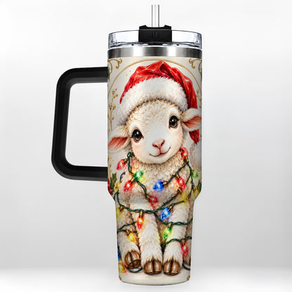 #pl[40oz|Black] Christmas Lamb 40oz Tumbler with Handle, Festive Sheep Lights Design