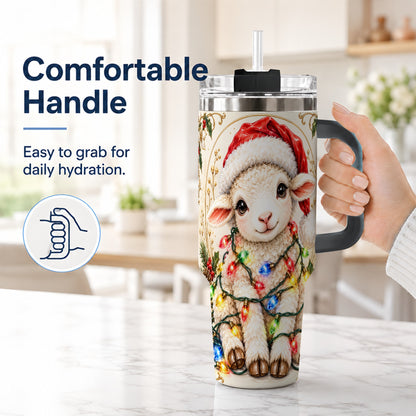#pl[40oz|Black] Christmas Lamb 40oz Tumbler with Handle, Festive Sheep Lights Design