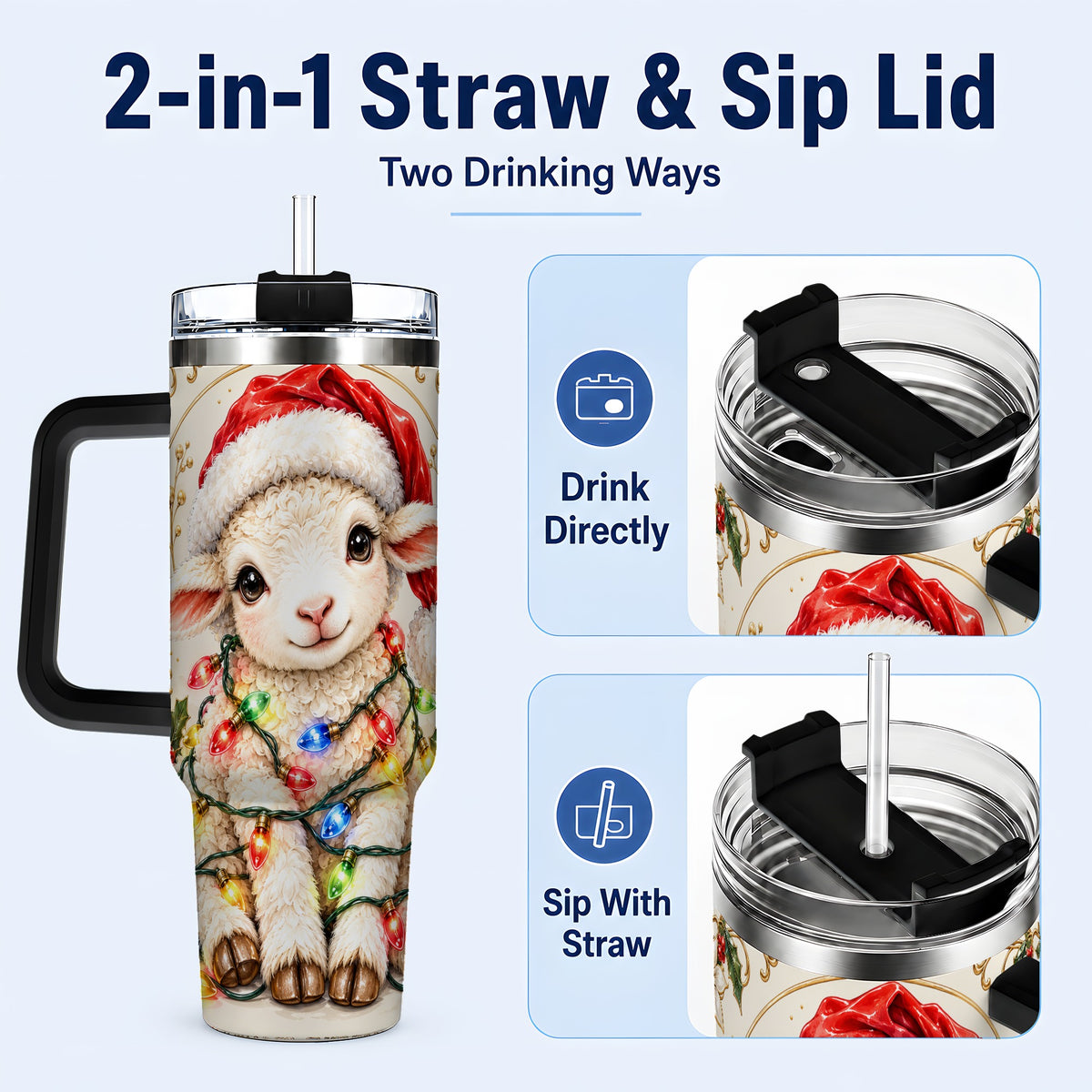 #pl[40oz|Black] Christmas Lamb 40oz Tumbler with Handle, Festive Sheep Lights Design