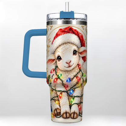 #pl[40oz|Blue] Christmas Lamb 40oz Tumbler with Handle, Festive Sheep Lights Design