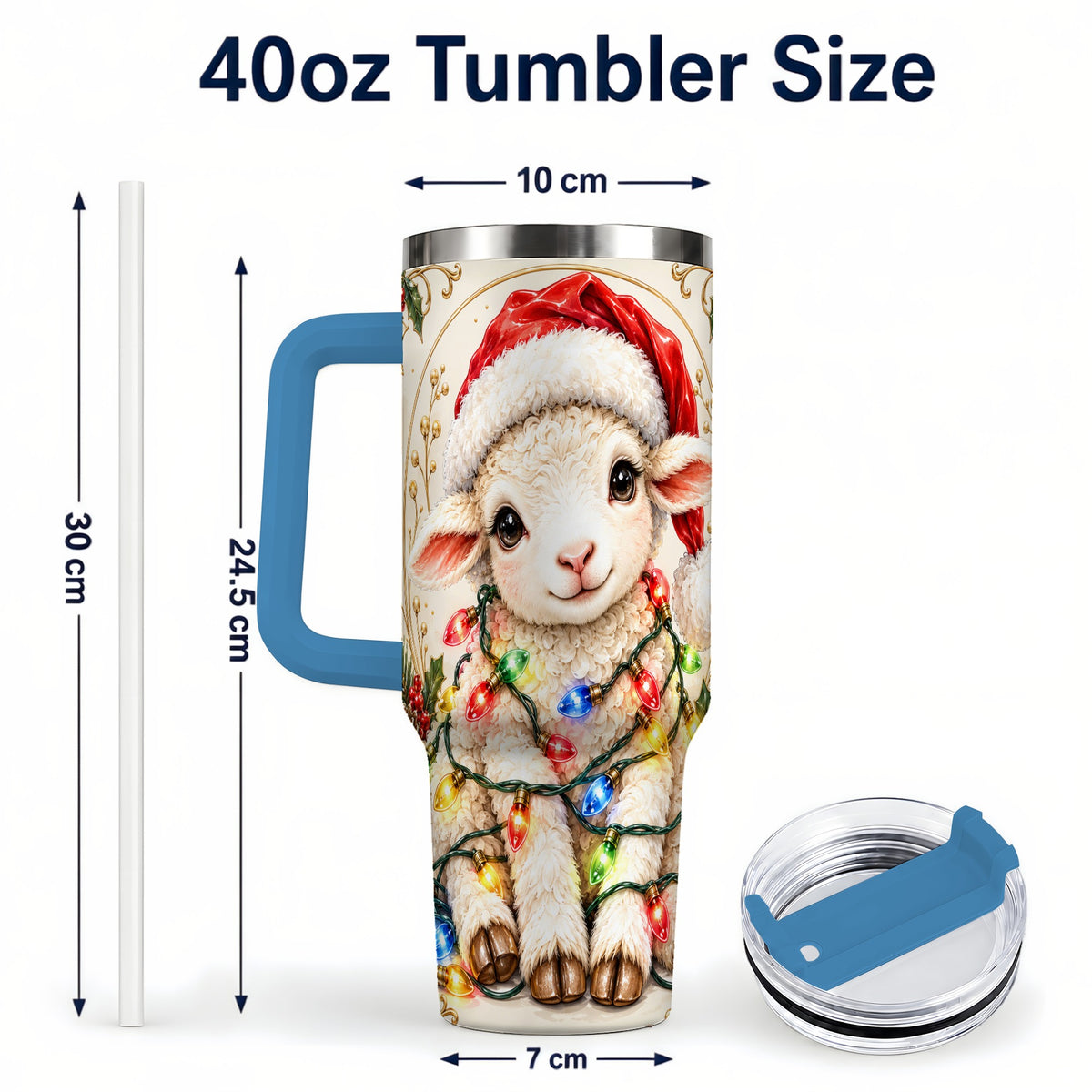 #pl[40oz|Blue] Christmas Lamb 40oz Tumbler with Handle, Festive Sheep Lights Design