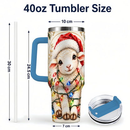#pl[40oz|Blue] Christmas Lamb 40oz Tumbler with Handle, Festive Sheep Lights Design
