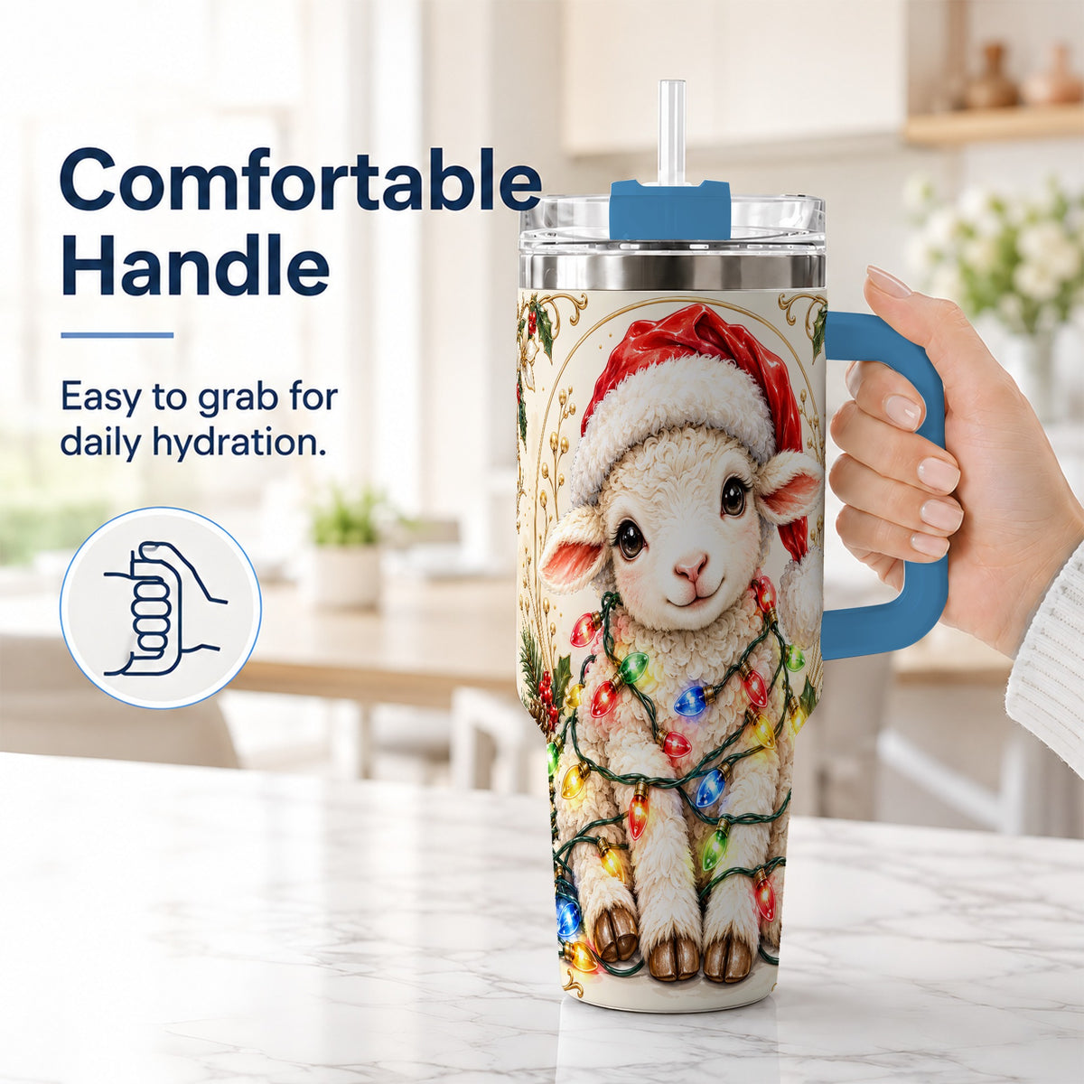#pl[40oz|Blue] Christmas Lamb 40oz Tumbler with Handle, Festive Sheep Lights Design