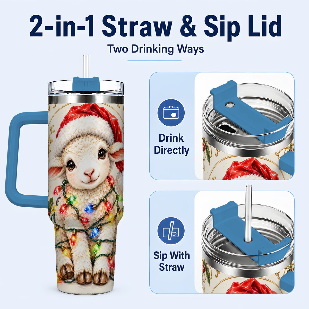 #pl[40oz|Blue] Christmas Lamb 40oz Tumbler with Handle, Festive Sheep Lights Design