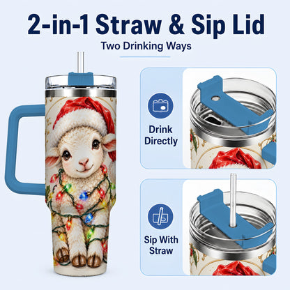 #pl[40oz|Blue] Christmas Lamb 40oz Tumbler with Handle, Festive Sheep Lights Design