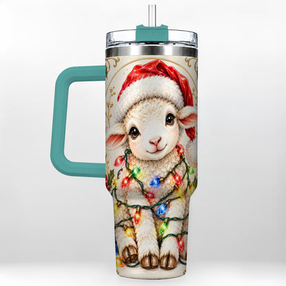 #pl[40oz|Green] Christmas Lamb 40oz Tumbler with Handle, Festive Sheep Lights Design