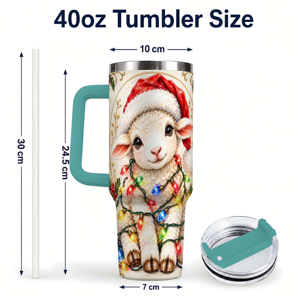 #pl[40oz|Green] Christmas Lamb 40oz Tumbler with Handle, Festive Sheep Lights Design