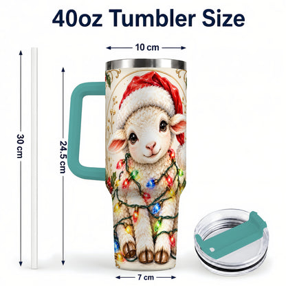#pl[40oz|Green] Christmas Lamb 40oz Tumbler with Handle, Festive Sheep Lights Design