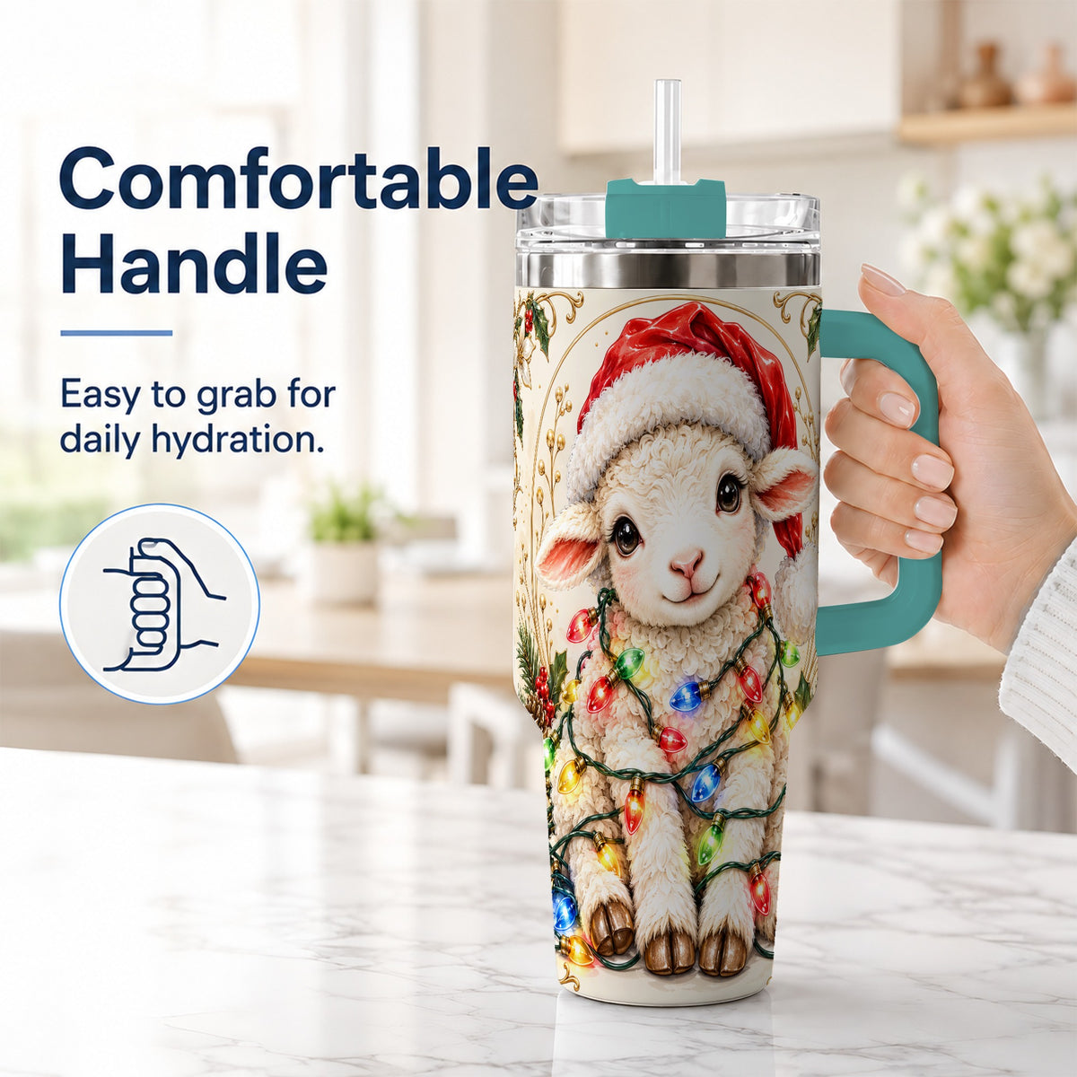 #pl[40oz|Green] Christmas Lamb 40oz Tumbler with Handle, Festive Sheep Lights Design