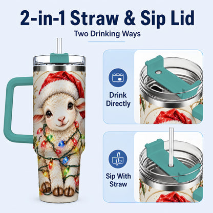 #pl[40oz|Green] Christmas Lamb 40oz Tumbler with Handle, Festive Sheep Lights Design