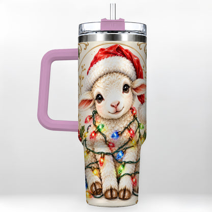 #pl[40oz|Pink] Christmas Lamb 40oz Tumbler with Handle, Festive Sheep Lights Design