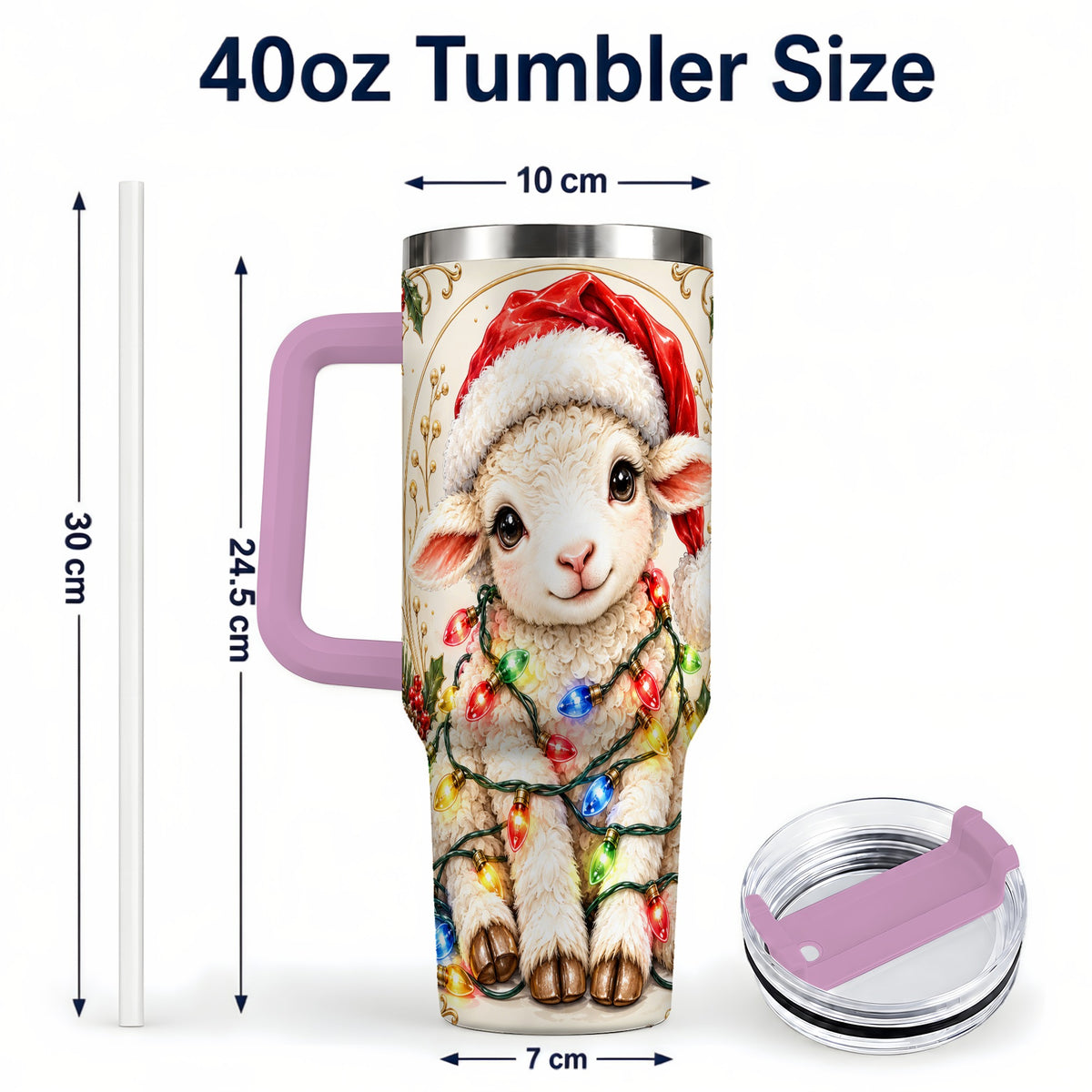 #pl[40oz|Pink] Christmas Lamb 40oz Tumbler with Handle, Festive Sheep Lights Design